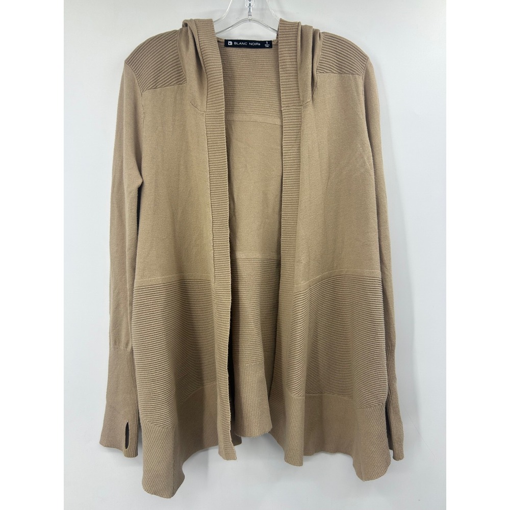 Blanc Noir Tan Mixed Ribbed Knit Hooded Open Front Cardigan Pockets Small